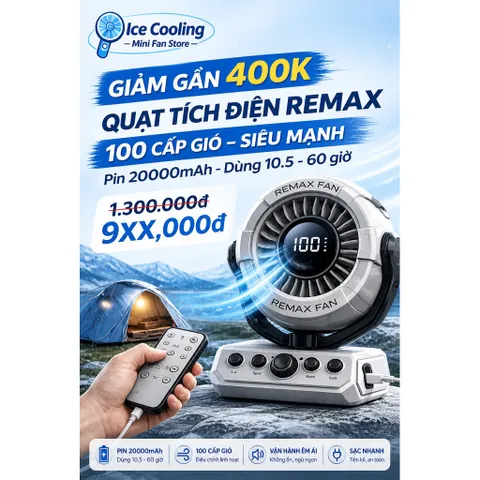 {Flash Sale}ICECOOLING-Quạt Tích Điện Remax RS-ZF09 20000mAh – Quạt Camping 100 Cấp Gió,Điều Khiển Từ Xa,Có Đèn LED-2026