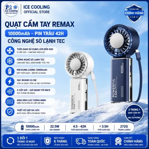 [Nhập Khẩu]Chính Hãng REMAX Quạt Cầm Tay mini có Sò Lạnh pin 10.000mAh - kiêm sạc dự phòng!