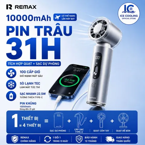 [ Nhập Khẩu]Quạt Cầm Tay REMAX MF129 Chính Hãng 10000mAh – kiêm sạc dự phòng,100 Cấp Gió, Sạc Nhanh 22.5W, Có Sò Lạnh