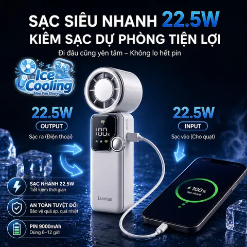 ❄️Quạt Mini Cầm Tay có Sò Lạnh Turbo Jet 9.000mAh 199 Cấp Gió–Sạc Nhanh 22.5W–Kiêm Sạc Dự Phòng–Màn Hình LED–Gập 90°