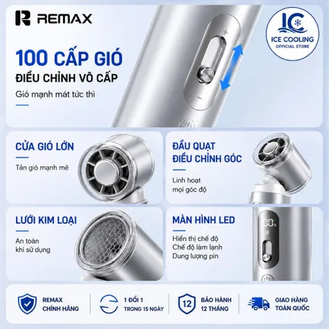 [ Nhập Khẩu]Quạt Cầm Tay REMAX MF129 Chính Hãng 10000mAh – kiêm sạc dự phòng,100 Cấp Gió, Sạc Nhanh 22.5W, Có Sò Lạnh