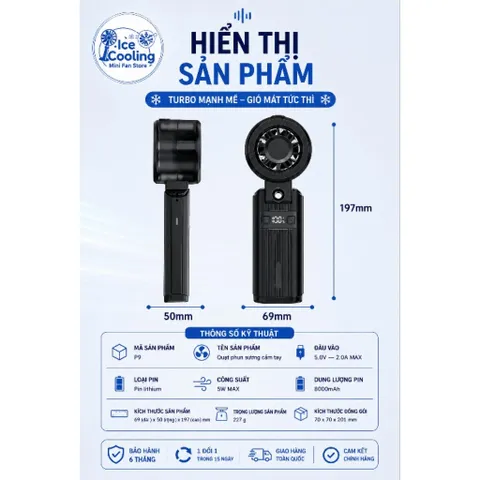 Quạt cầm tay Phun Sương SEUWU 8000mAh , 5 Chế Độ Gió, Bình Nước 45ml, Bảo Hành 6 Tháng