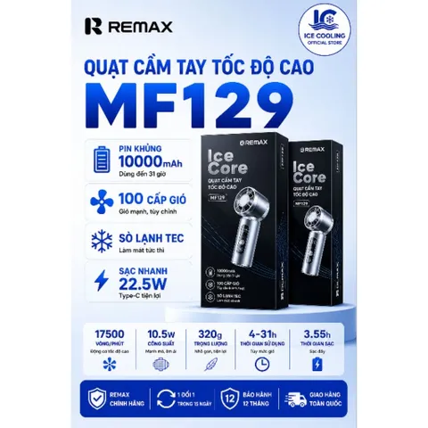 [ Nhập Khẩu]Quạt Cầm Tay REMAX MF129 Chính Hãng 10000mAh – kiêm sạc dự phòng,100 Cấp Gió, Sạc Nhanh 22.5W, Có Sò Lạnh