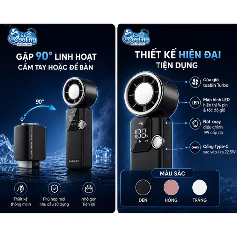 ❄️Quạt Mini Cầm Tay có Sò Lạnh Turbo Jet 9.000mAh 199 Cấp Gió–Sạc Nhanh 22.5W–Kiêm Sạc Dự Phòng–Màn Hình LED–Gập 90°