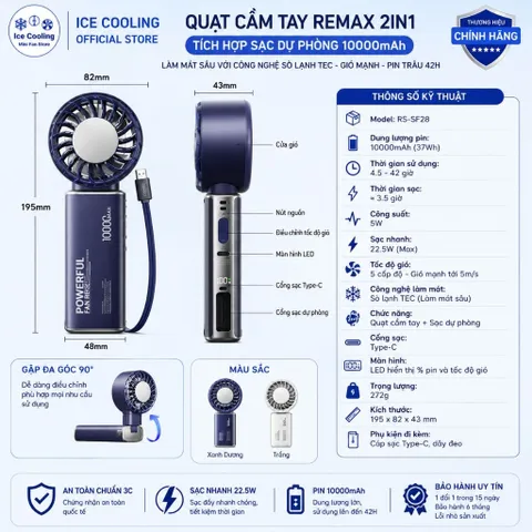 [Nhập Khẩu]Chính Hãng REMAX Quạt Cầm Tay mini có Sò Lạnh pin 10.000mAh - kiêm sạc dự phòng!