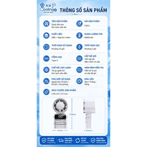 [FJ 011 ] Chính Hãng-Quạt Cầm Tay Sixqi 6000mAh Mini Turbo Làm Mát Bán Dẫn 2026–100 Cấp Độ Gió,Gập 180°,Màn Hình LED!
