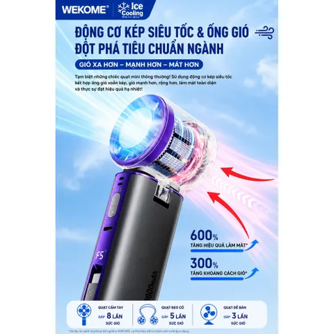 [Nhập Khẩu]Chính Hãng Wekome Quạt Cầm Tay mini có Sò Lạnh pin 10.000mAh - kiêm sạc dự phòng!