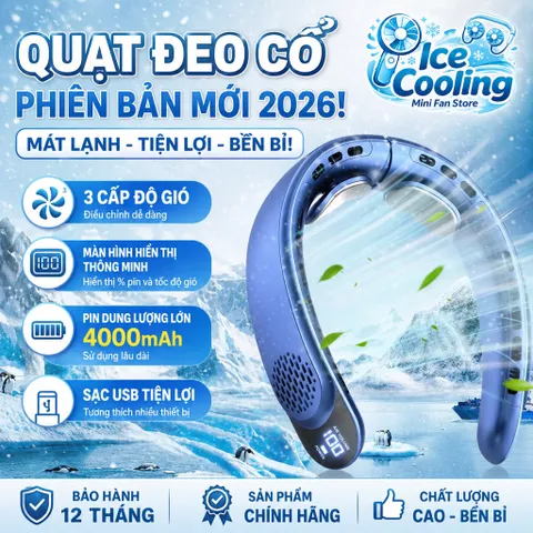 {Flash Sale}ICECOOLING-Quạt đeo cổ 4000mAh -Quạt mini không cánh 3 cấp gió – Quạt làm mát đeo cổ pin trâu, màn hình LED