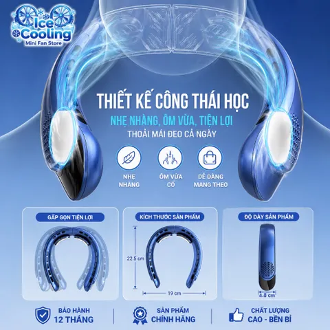 {Flash Sale}ICECOOLING-Quạt đeo cổ 4000mAh -Quạt mini không cánh 3 cấp gió – Quạt làm mát đeo cổ pin trâu, màn hình LED