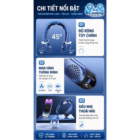 {Flash Sale}ICECOOLING-Quạt đeo cổ 4000mAh -Quạt mini không cánh 3 cấp gió – Quạt làm mát đeo cổ pin trâu, màn hình LED