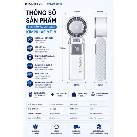[Nhập Khẩu]Quạt Cầm Tay Làm Lạnh KIMPILIVE YF19 Chính Hãng | Pin 10000mAh | Sò Lạnh TEC Bán Dẫn - Vỏ Carbon Cao Cấp
