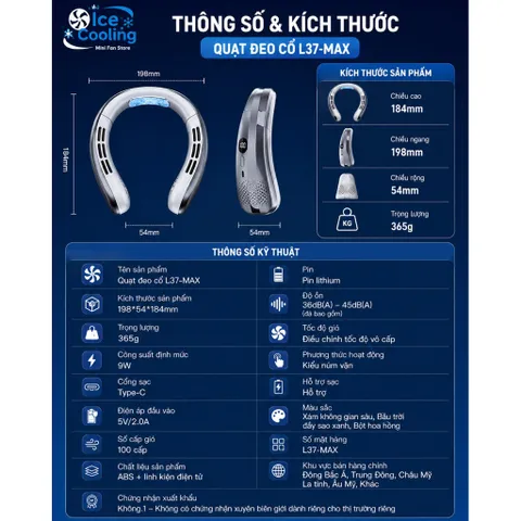 [L37-Max]Quạt Đeo Cổ Làm Lạnh 16°C L37-MAX - Công Nghệ Tấm Gốm Sứ, 100 Cấp Độ Gió, LED Hiển Thị Pin