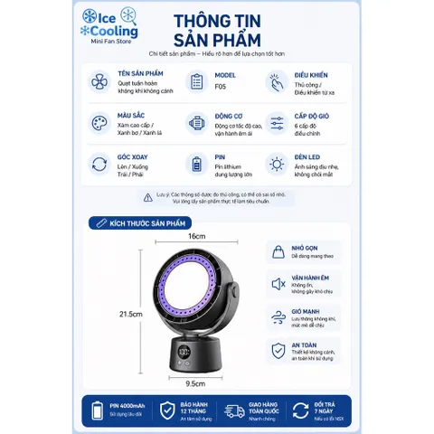 [ F05 ] Quạt Mini Tuần Hoàn Không Khí 4.000mAh Có Đèn LED – Quạt Để Bàn, Xoay 360°, Màn Hình Hiển Thị Pin