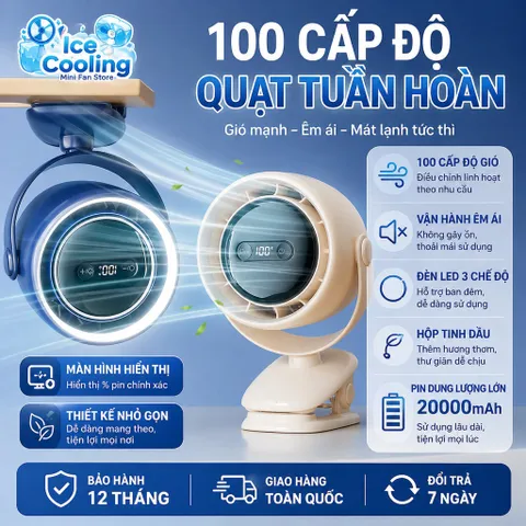 [ GF15-J ]Quạt Kẹp Mini 4in1-Pin 20.000mAh 2026, Xoay 720°, Siêu Êm, Để Bàn/Kẹp/Treo,Chip Ai,CE,FCC,RoHs.