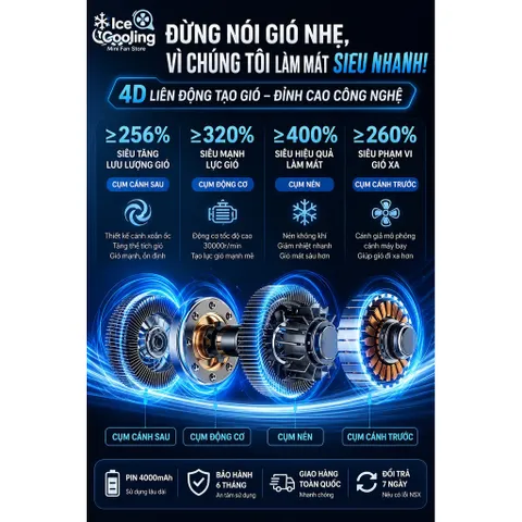 Quạt cầm tay mini pin 4000mAh có Sò Lạnh!