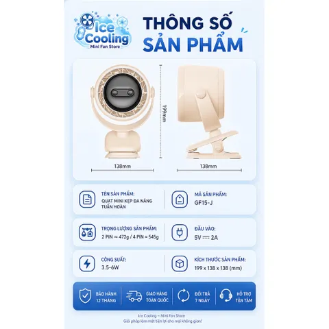 [ GF15-J ]Quạt Kẹp Mini 4in1-Pin 20.000mAh 2026, Xoay 720°, Siêu Êm, Để Bàn/Kẹp/Treo,Chip Ai,CE,FCC,RoHs.
