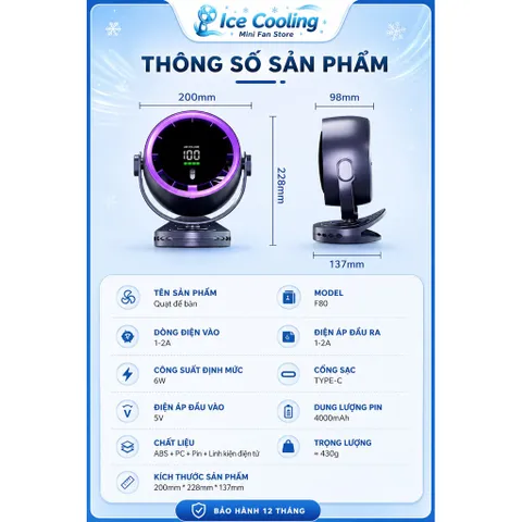 [ F80 ]2026-Quạt Mini Điều Khiển Từ Xa,Quạt tích điện- Không Cánh, Xoay 720°, Siêu Êm, Pin Sạc Type-C