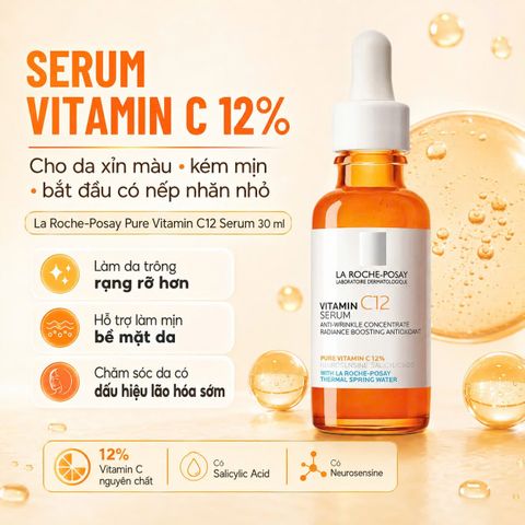 Serum Dưỡng Da Khô La Roche-Posay Pure Vitamin C12 30ml, 12% Vitamin C Hỗ Trợ Làm Sáng Và Mịn Da