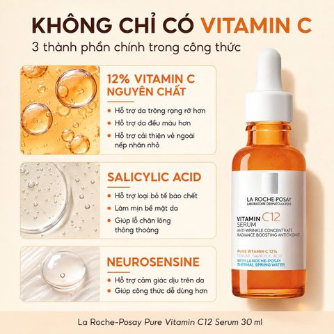 Serum Dưỡng Da Khô La Roche-Posay Pure Vitamin C12 30ml, 12% Vitamin C Hỗ Trợ Làm Sáng Và Mịn Da