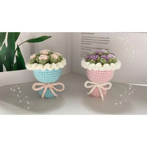 Móc khóa bó hoa hồng len, móc khóa bó hoa hồng mini treo balo, làm quà tặng
