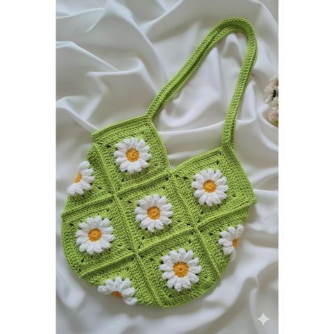 Túi tote len hình hoa cúc, túi len handmade họa tiết hoa cúc