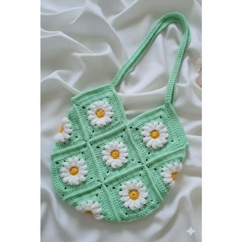 Túi tote len hình hoa cúc, túi len handmade họa tiết hoa cúc