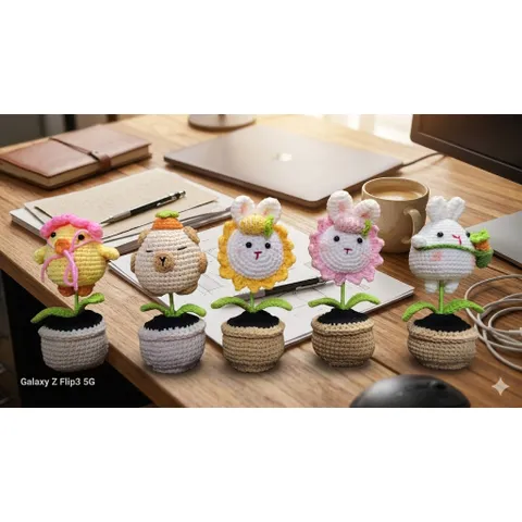 Chậu hoa đầu thú len handmade trang trí bàn làm việc – Quà tặng dễ thương