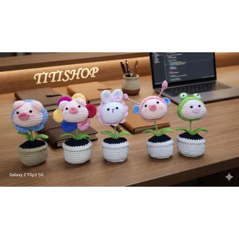 Chậu hoa đầu thú len handmade trang trí bàn làm việc – Quà tặng dễ thương