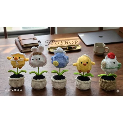 Chậu hoa đầu thú len handmade trang trí bàn làm việc – Quà tặng dễ thương