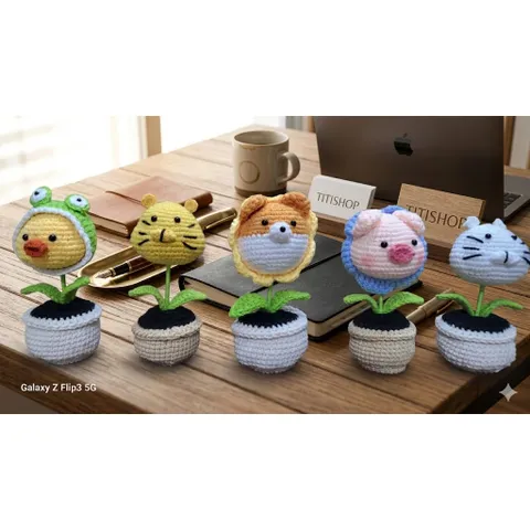 Chậu hoa đầu thú len handmade trang trí bàn làm việc – Quà tặng dễ thương
