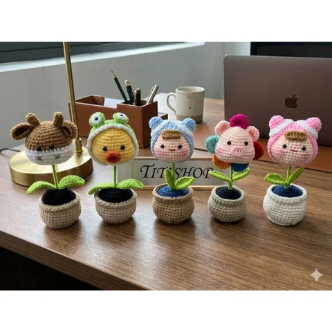 Chậu hoa đầu thú len handmade trang trí bàn làm việc – Quà tặng dễ thương