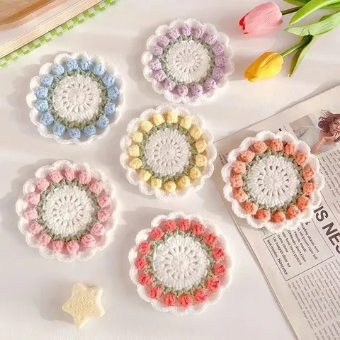Lót Ly Len Hoa Tulip Handmade – Đế Lót Cốc Hoa Len Trang Trí Bàn