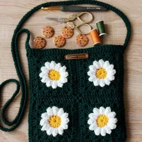 Túi len handmade đeo chéo họa tiết hoa cúc