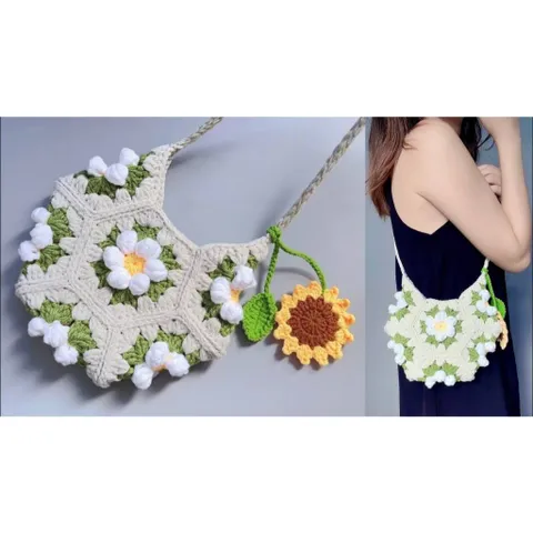 Túi Len Đeo Chéo Hình Lục Giác Bông Nổi 3D– Handmade độc đáo, phong cách vintage