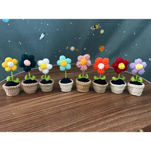 Chậu hoa len 5 cánh mini để trang trí bàn làm việc