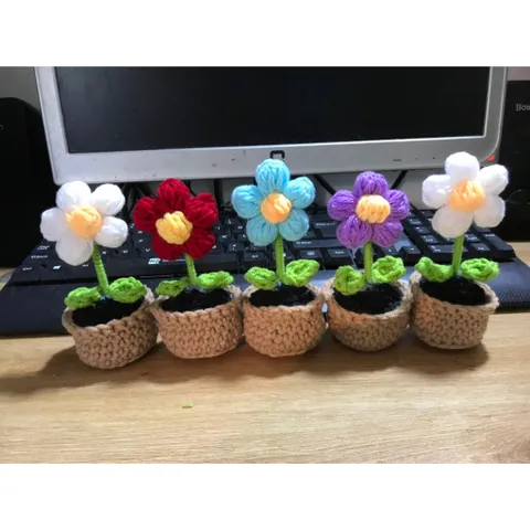 Chậu hoa len 5 cánh mini để trang trí bàn làm việc