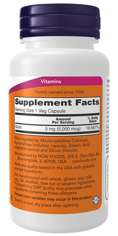Viên uống Biotin 5000 mcg Now Foods - Hỗ trợ mọc tóc, giảm gãy rụng, làm đẹp da và móng, 60 viên nang Mỹ