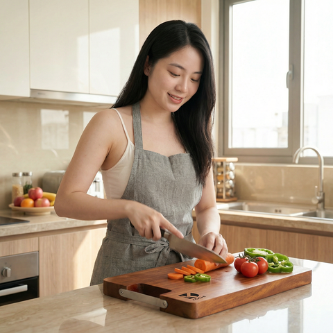 Thớt gỗ xà cừ KŌCHI cao cấp hình chữ nhật tay cầm Inox - An toàn, tự nhiên, kháng khuẩn, không hóa chất độc hại, bền đẹp cho nhà bếp