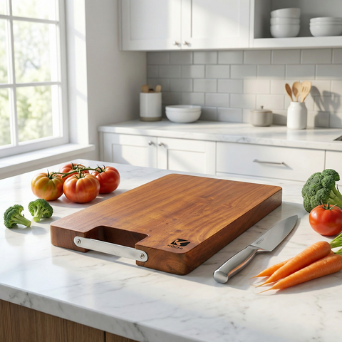 Thớt gỗ xà cừ KŌCHI cao cấp hình chữ nhật tay cầm Inox - An toàn, tự nhiên, kháng khuẩn, không hóa chất độc hại, bền đẹp cho nhà bếp