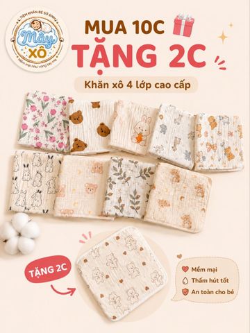 Khăn sữa muslin 4 lớp, set 10c tặng 2, 100% cotton siêu thấm hút