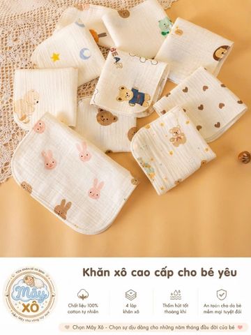 Khăn sữa muslin 4 lớp, set 10c tặng 2, 100% cotton siêu thấm hút