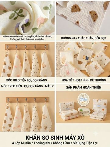 Khăn sữa muslin 4 lớp, set 10c tặng 2, 100% cotton siêu thấm hút