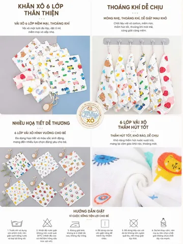 Khăn xô sữa 6 lớp mềm mịn, không xù lông, thấm hút tốt cho bé