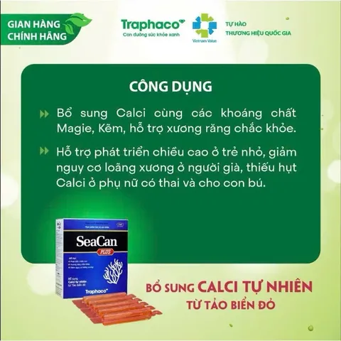 Ống uống SeaCan Traphaco hỗ trợ Bổ Sung Canxi tự nhiên  giúp xương chắc khỏe hộp 20 ống x 10ml