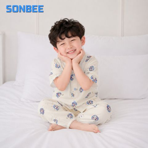 Đồ bộ dài bé trai cổ tim SONBEE, chất liệu vải xô muslin cotton mềm mát, áo tay lỡ quần bo