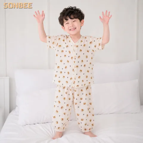 Đồ bộ dài bé trai cổ tim SONBEE, chất liệu vải xô muslin cotton mềm mát, áo tay lỡ quần bo