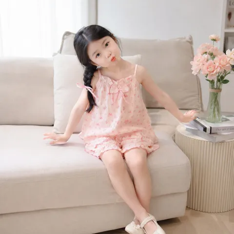 Bộ 2 Dây Bé Gái Vải Xô Muslin SONBEE, Đồ Bộ Mặc Nhà Đồ Ngủ Mùa Hè Cho Bé Phối Bèo Họa Tiết Đáng Yêu
