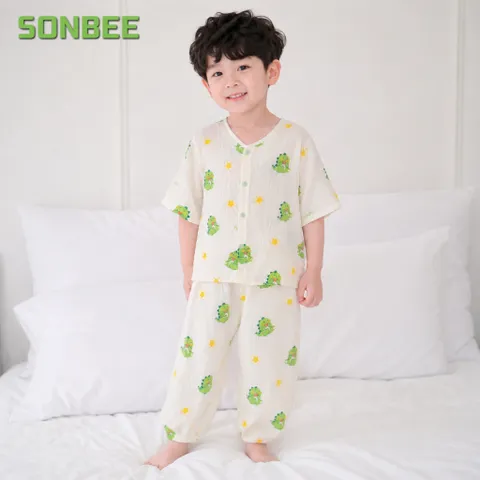 Đồ bộ dài bé trai cổ tim SONBEE, chất liệu vải xô muslin cotton mềm mát, áo tay lỡ quần bo