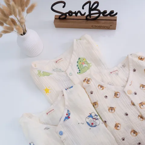 Đồ bộ dài bé trai cổ tim SONBEE, chất liệu vải xô muslin cotton mềm mát, áo tay lỡ quần bo