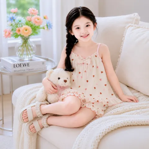 Bộ 2 Dây Bé Gái Vải Xô Muslin SONBEE, Đồ Bộ Mặc Nhà Đồ Ngủ Mùa Hè Cho Bé Phối Bèo Họa Tiết Đáng Yêu